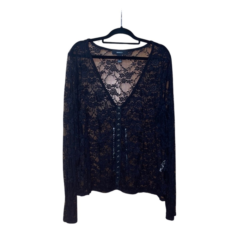 F21 V Neck Mesh Floral Top - Black - Size 3X